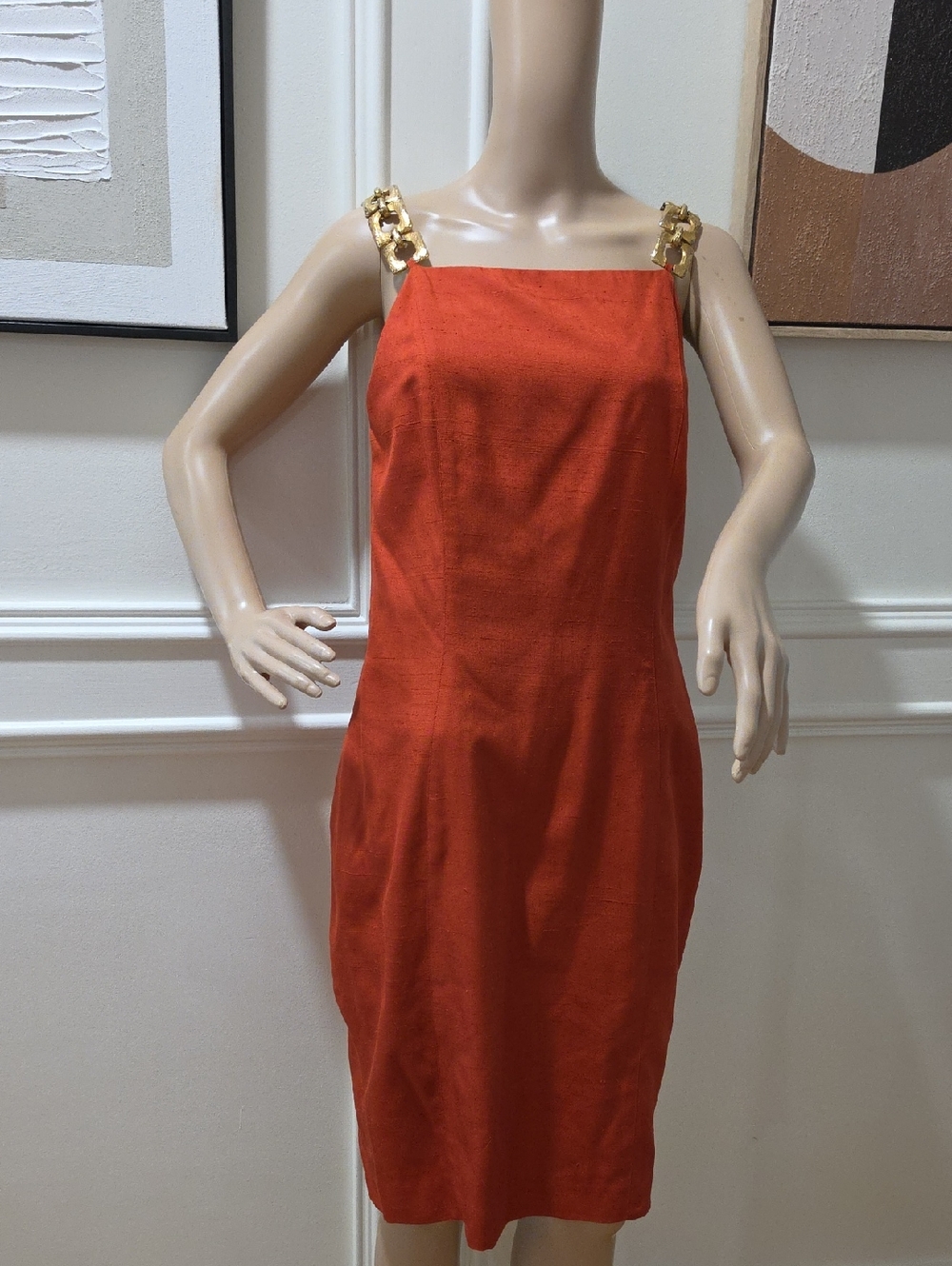 Gold-Chain Strap Orange Midi Dress